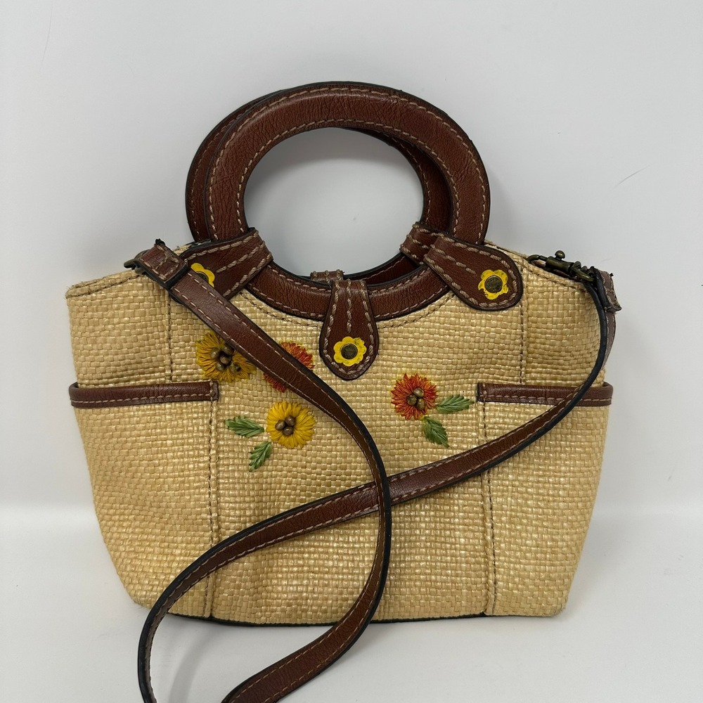 Fossil Handbag Women Small Tan Straw Leather Sunflower Satchel Crossbody SL9689